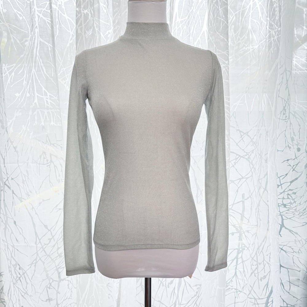 REFORMATION BAILEY SILVER KNIT MOCK NECK LONG SLEEVE TOP